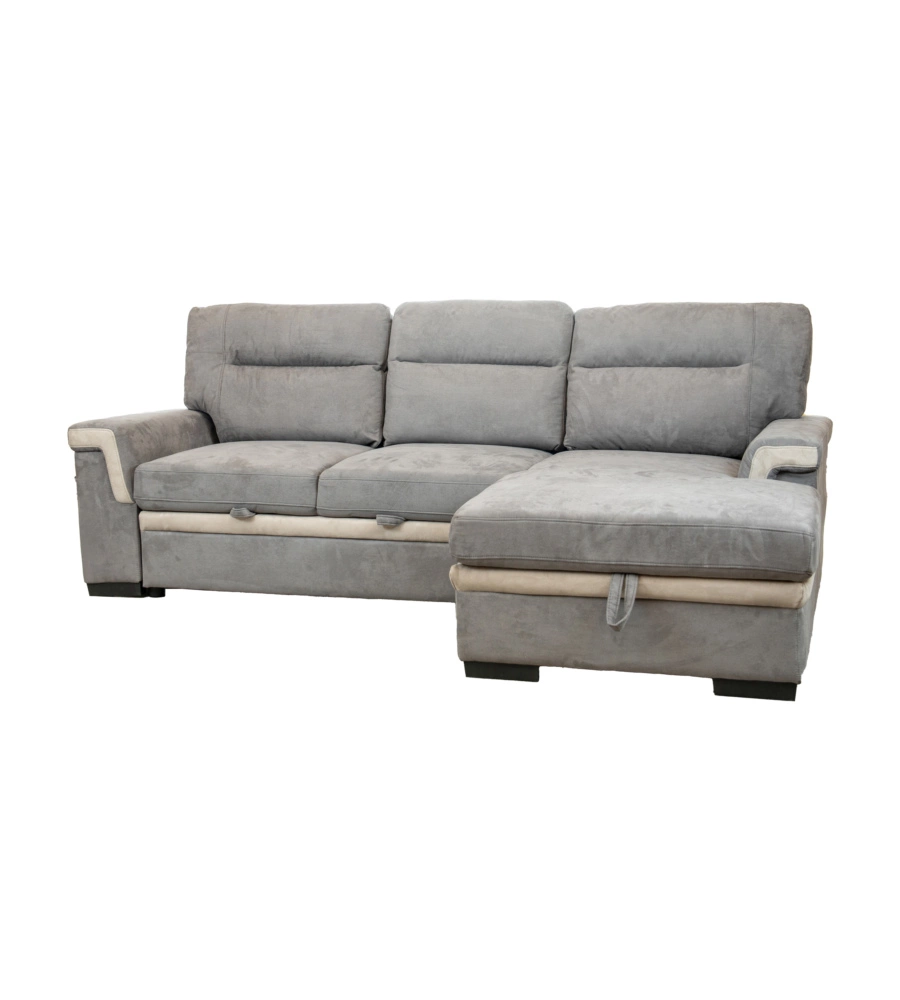 DIVANO LETTO ANGOLARE "ERIKA" IN TESSUTO GRIGIO CON PENISOLA A DESTRA, 254X92/165X102 CM